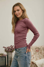BUTTON FRONT ROUND NECK LONG SLEEVE KNIT TOP