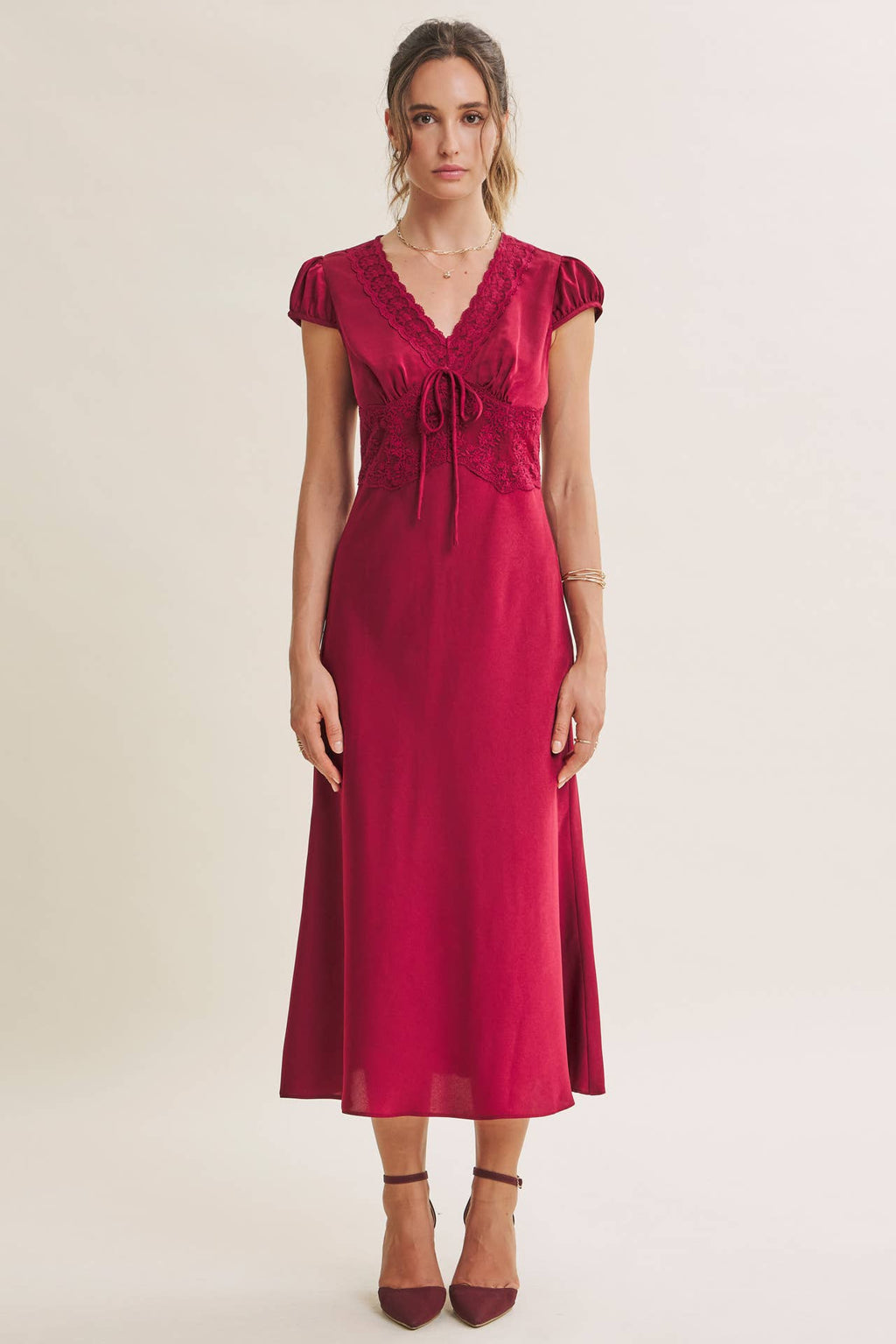 GRACEFUL DRAPE BIAS CUT SILKY SATIN LACE MIDI DRESS