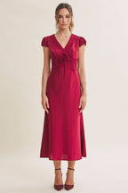 GRACEFUL DRAPE BIAS CUT SILKY SATIN LACE MIDI DRESS