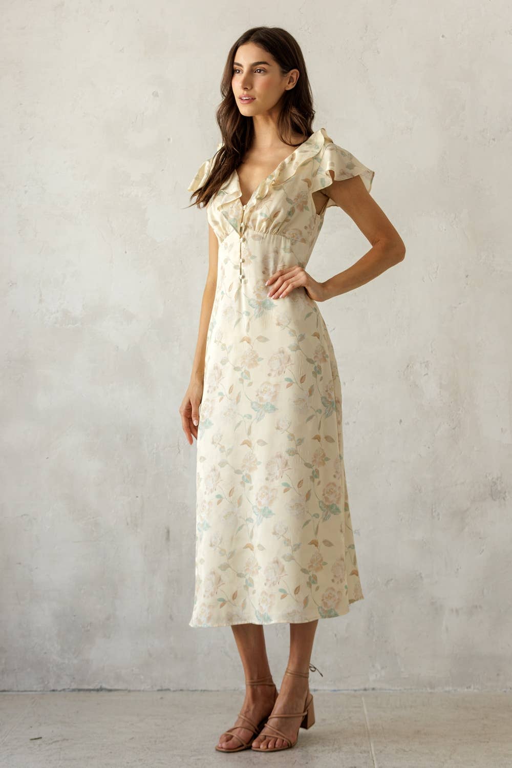 MULTI FLORAL RUFFLE MIDI DRESS