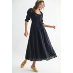 Smocked Midi Dress with Pleated Skirt