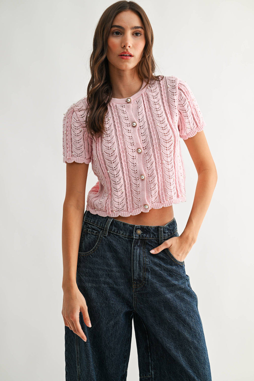 Lace Knit Pearl Button Cardigan