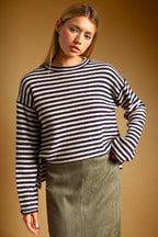 STRIPED PATTERN ROLLED NECK DETAIL TOP