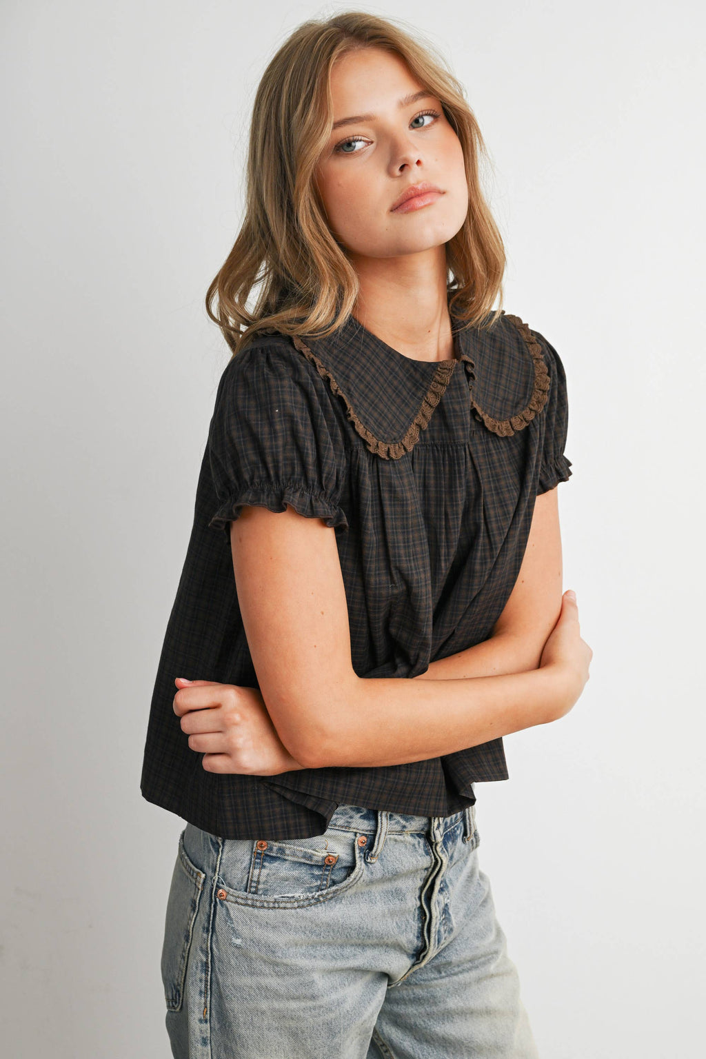 Plaid Peter Pan Collar Puff Sleeve Blouse