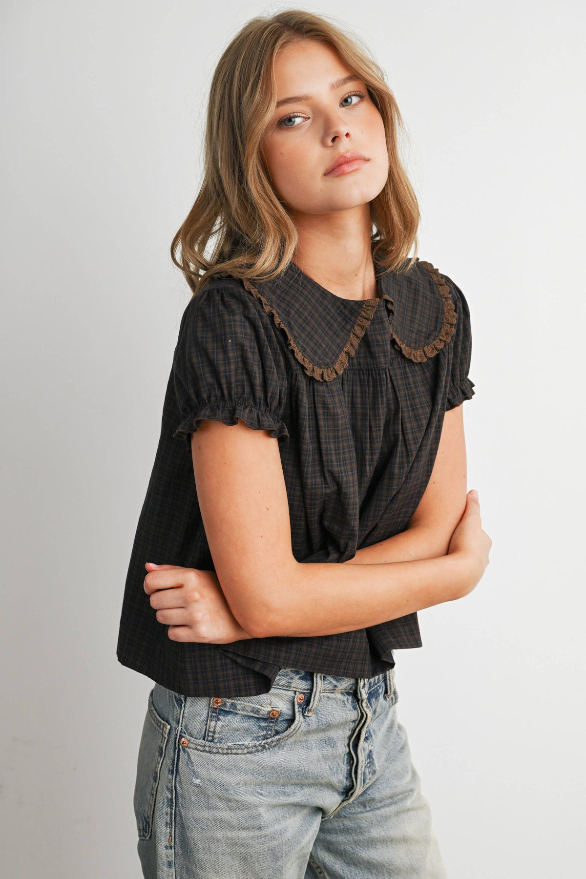 Plaid Peter Pan Collar Puff Sleeve Blouse