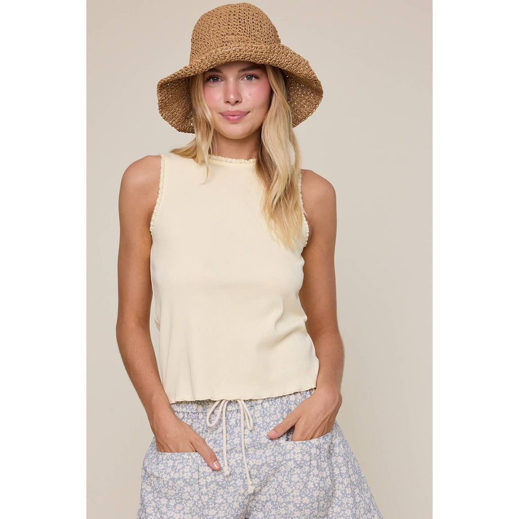 RIBBED KNIT TANK TOP WITH TRIM DETAIL