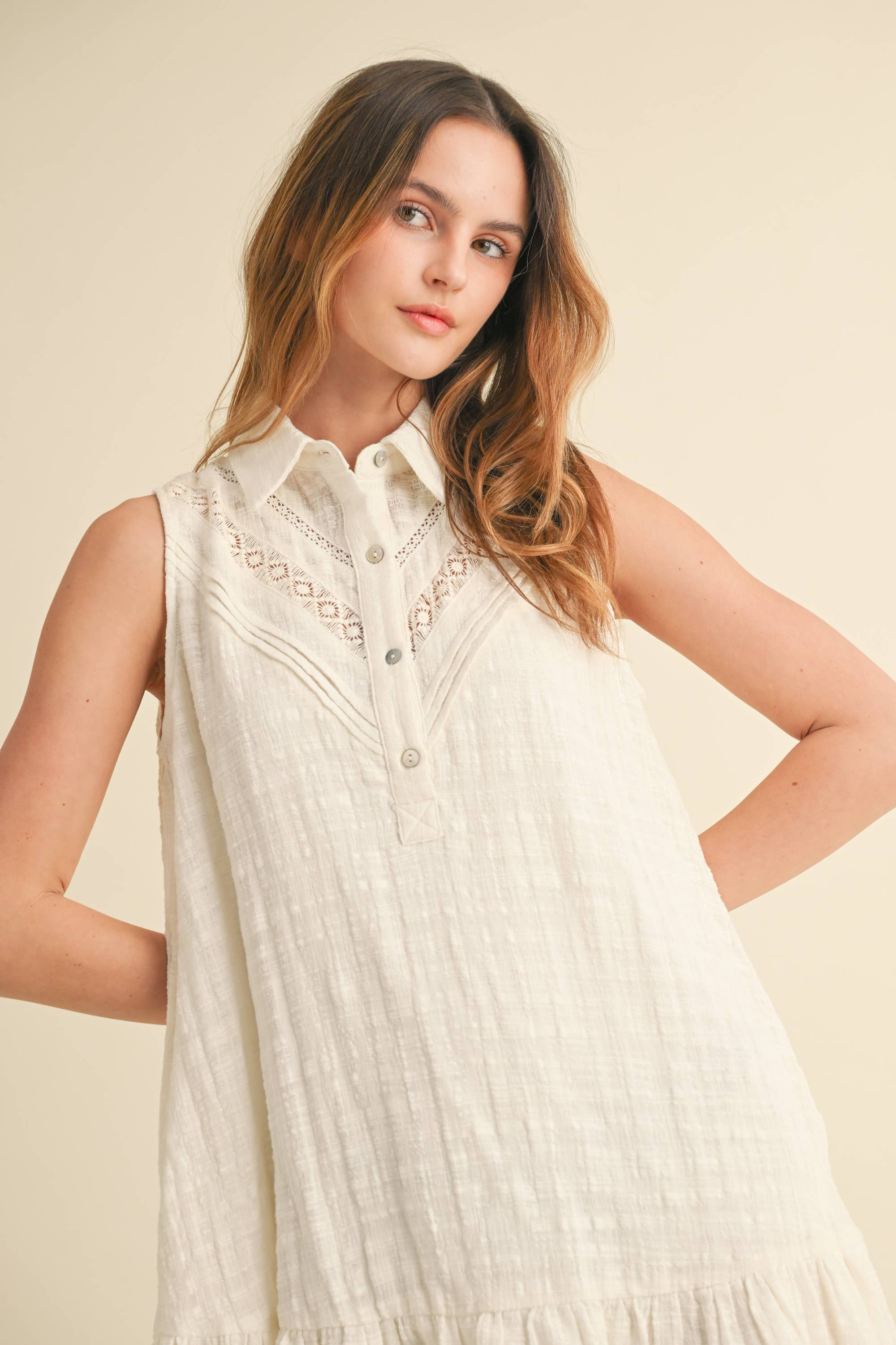 BUTTON DOWN RUFFLE MINI DRESS