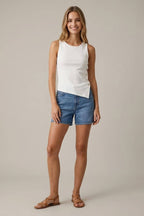 ASYMMETRICAL BUTTON DETAIL BOAT NECK TANK TOP