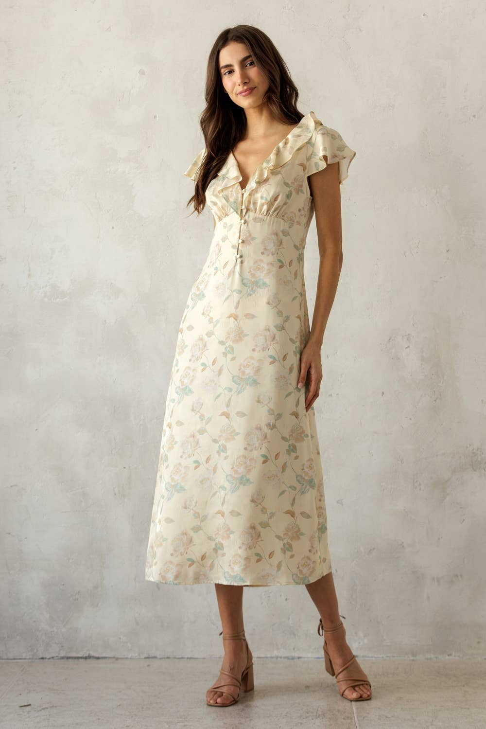 MULTI FLORAL RUFFLE MIDI DRESS