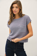 PATCH POCKET DOLMAN CAP SLEEVE BOXY KNIT