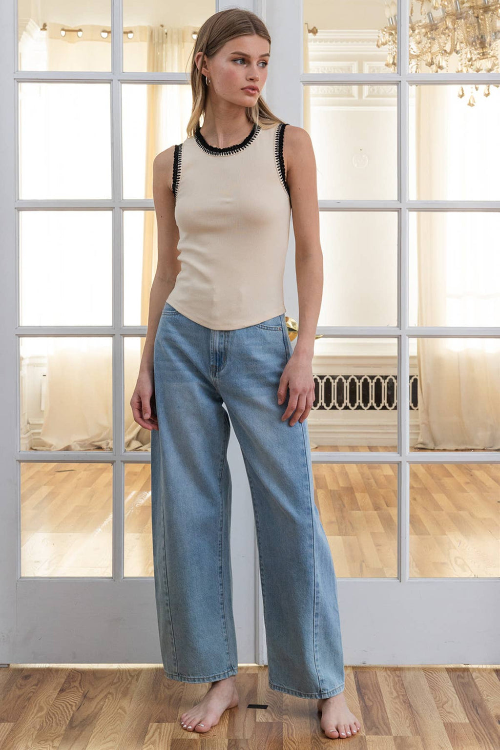 Contrast Crochet-Trim Rib Tank Top