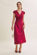 GRACEFUL DRAPE BIAS CUT SILKY SATIN LACE MIDI DRESS