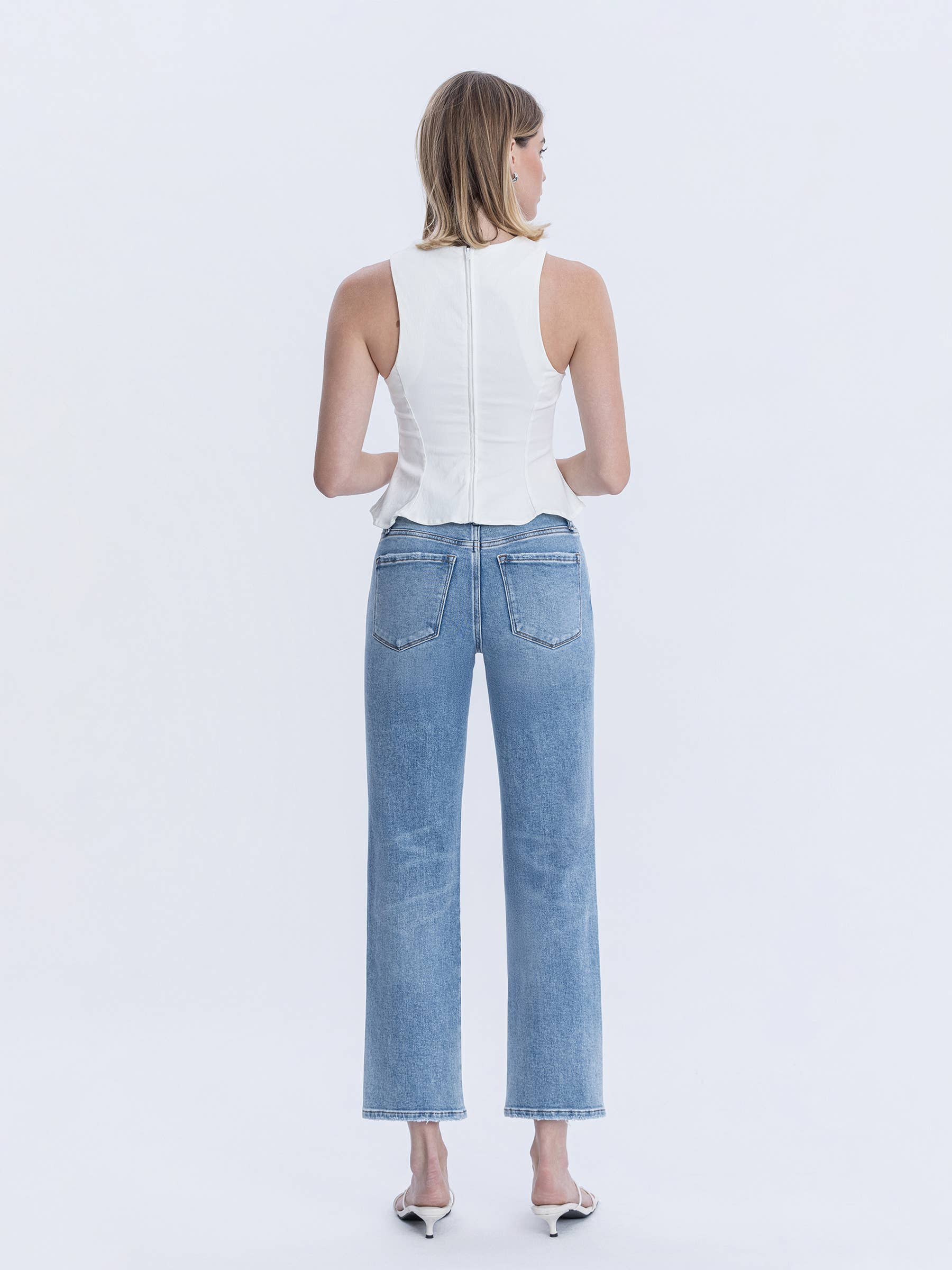 HIGH RISE MEDIUM LIGHT WASH ANKLE STRAIGHT JEANS