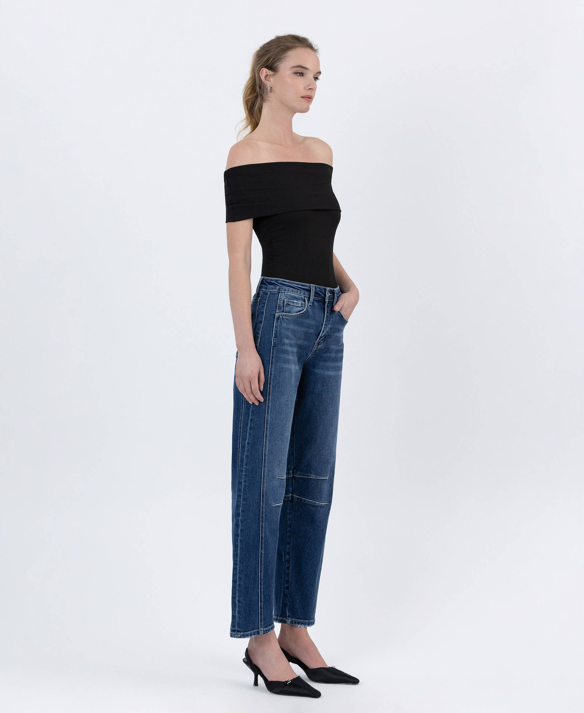 HIGH RISE DARK WASH BARREL LEG JEANS