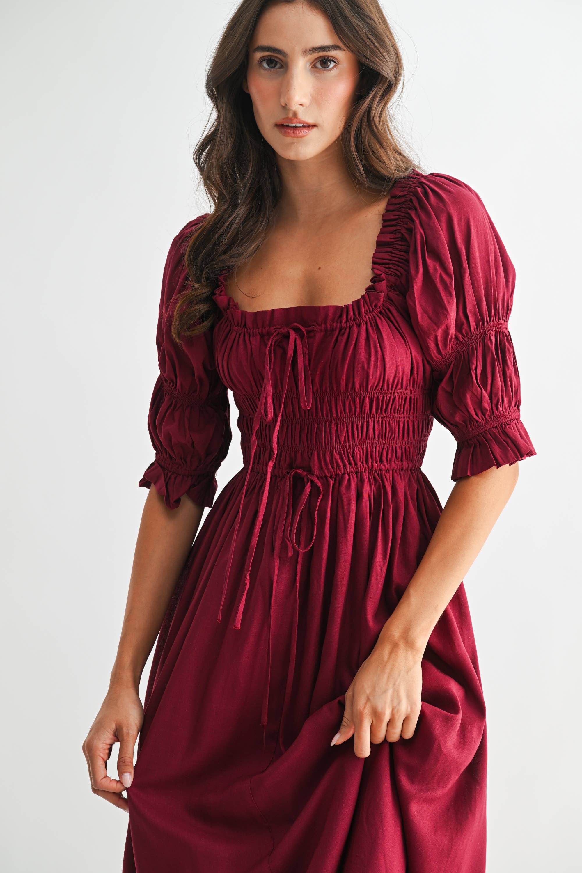 Smocked Midi Dress with Pleated Skirt