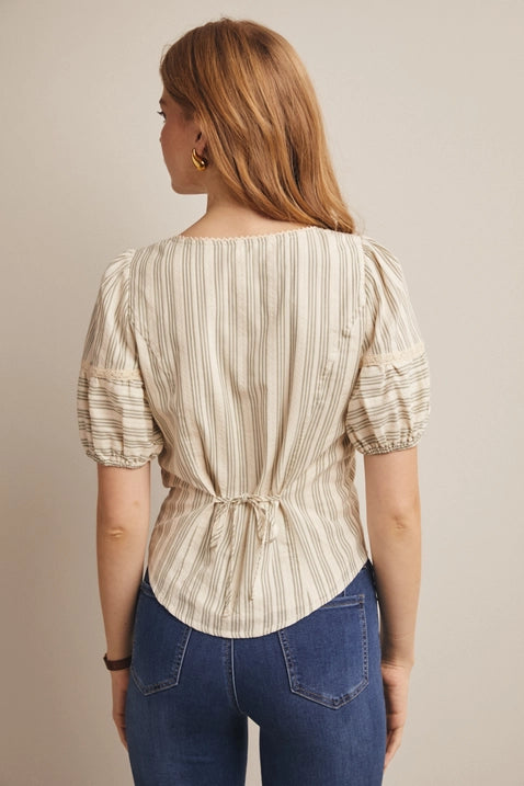 Striped Lace-Trim Puff Sleeve Blouse
