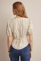 Striped Lace-Trim Puff Sleeve Blouse
