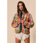 BLEACHED VINTAGE PLAID QUILTED JACKET WITH POCKETS