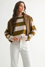 TAUPE AND OLIVE BOLD STRIPE SWATER