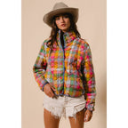 BLEACHED VINTAGE PLAID QUILTED JACKET WITH POCKETS