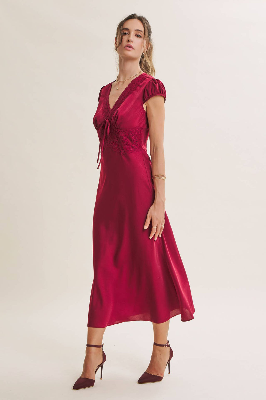 GRACEFUL DRAPE BIAS CUT SILKY SATIN LACE MIDI DRESS
