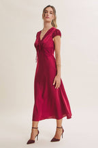 GRACEFUL DRAPE BIAS CUT SILKY SATIN LACE MIDI DRESS