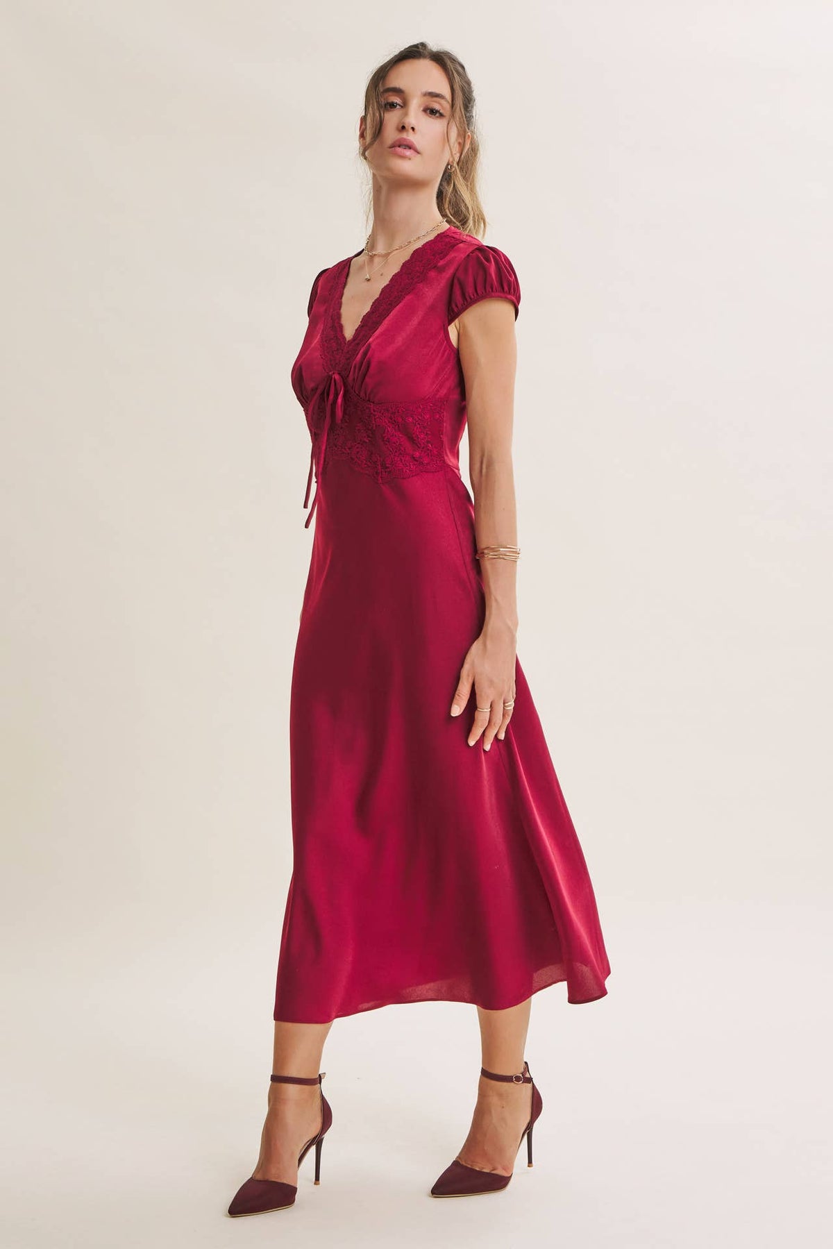 GRACEFUL DRAPE BIAS CUT SILKY SATIN LACE MIDI DRESS