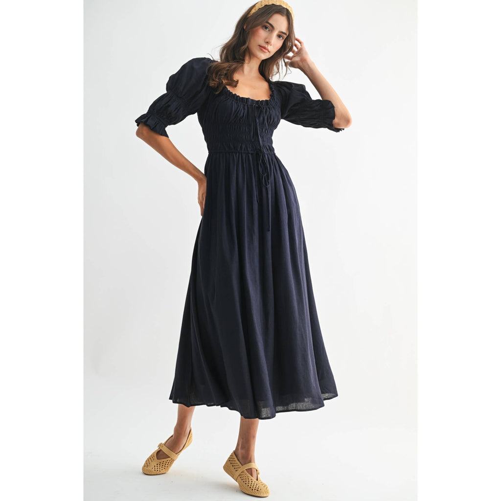 Smocked Midi Dress with Pleated Skirt