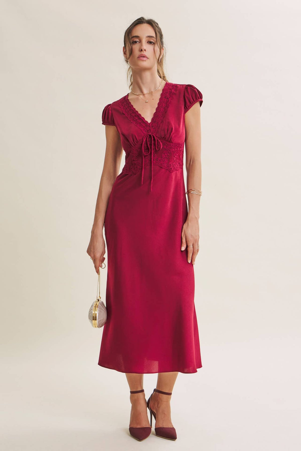 GRACEFUL DRAPE BIAS CUT SILKY SATIN LACE MIDI DRESS