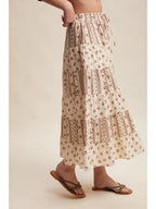 Floral Mixed-Print Tiered Maxi Skirt