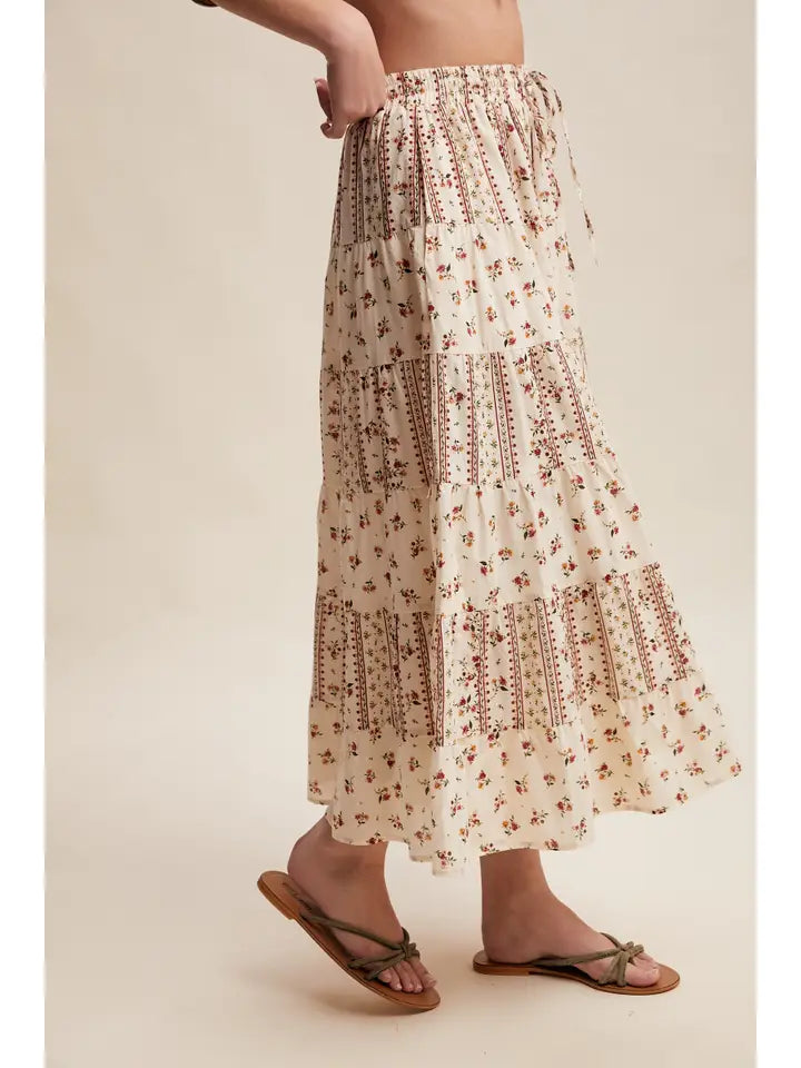 Floral Mixed-Print Tiered Maxi Skirt