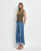 HIGH RISE MEDIUM WASH CUFFED WIDE JEANS