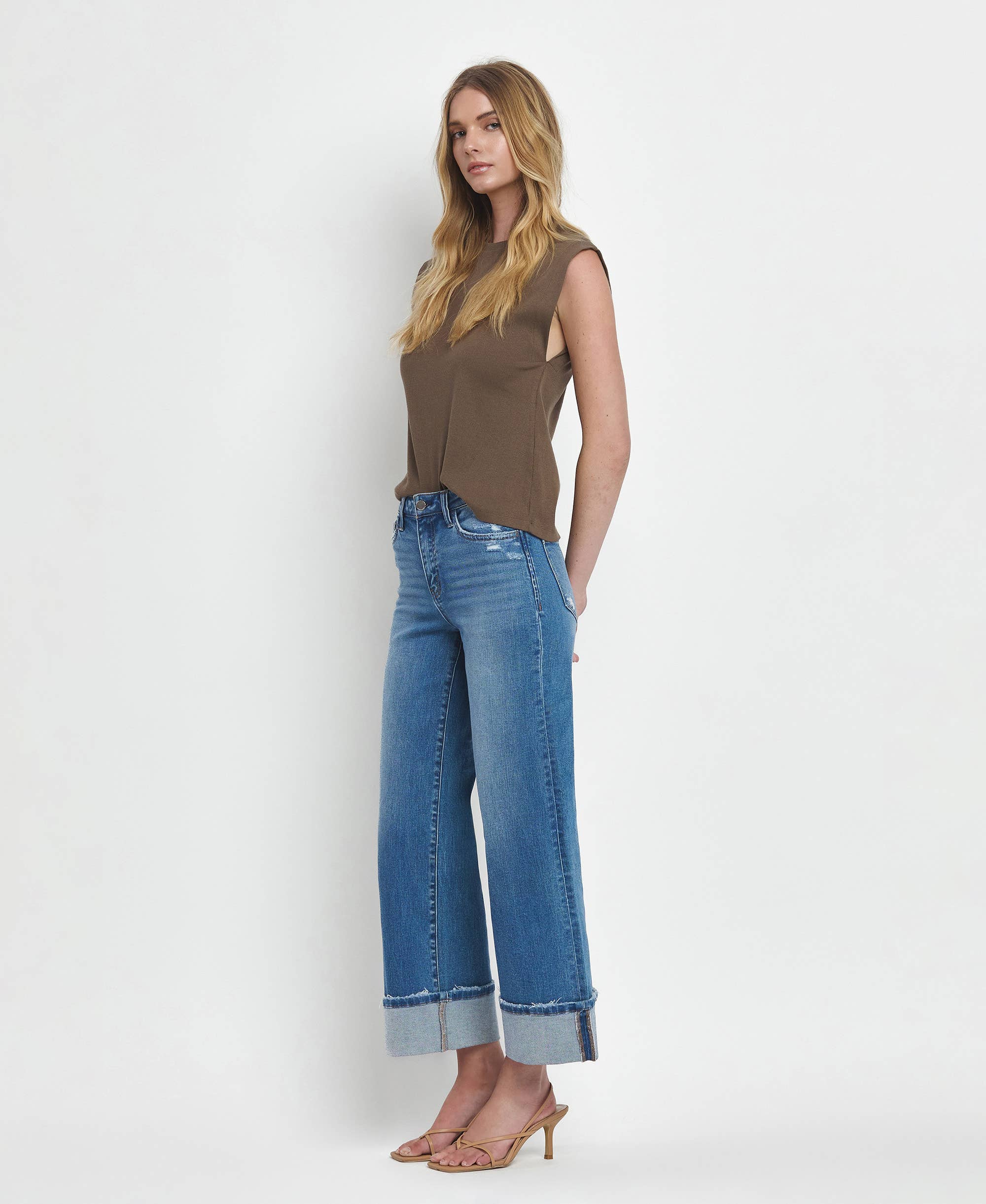 HIGH RISE MEDIUM WASH CUFFED WIDE JEANS