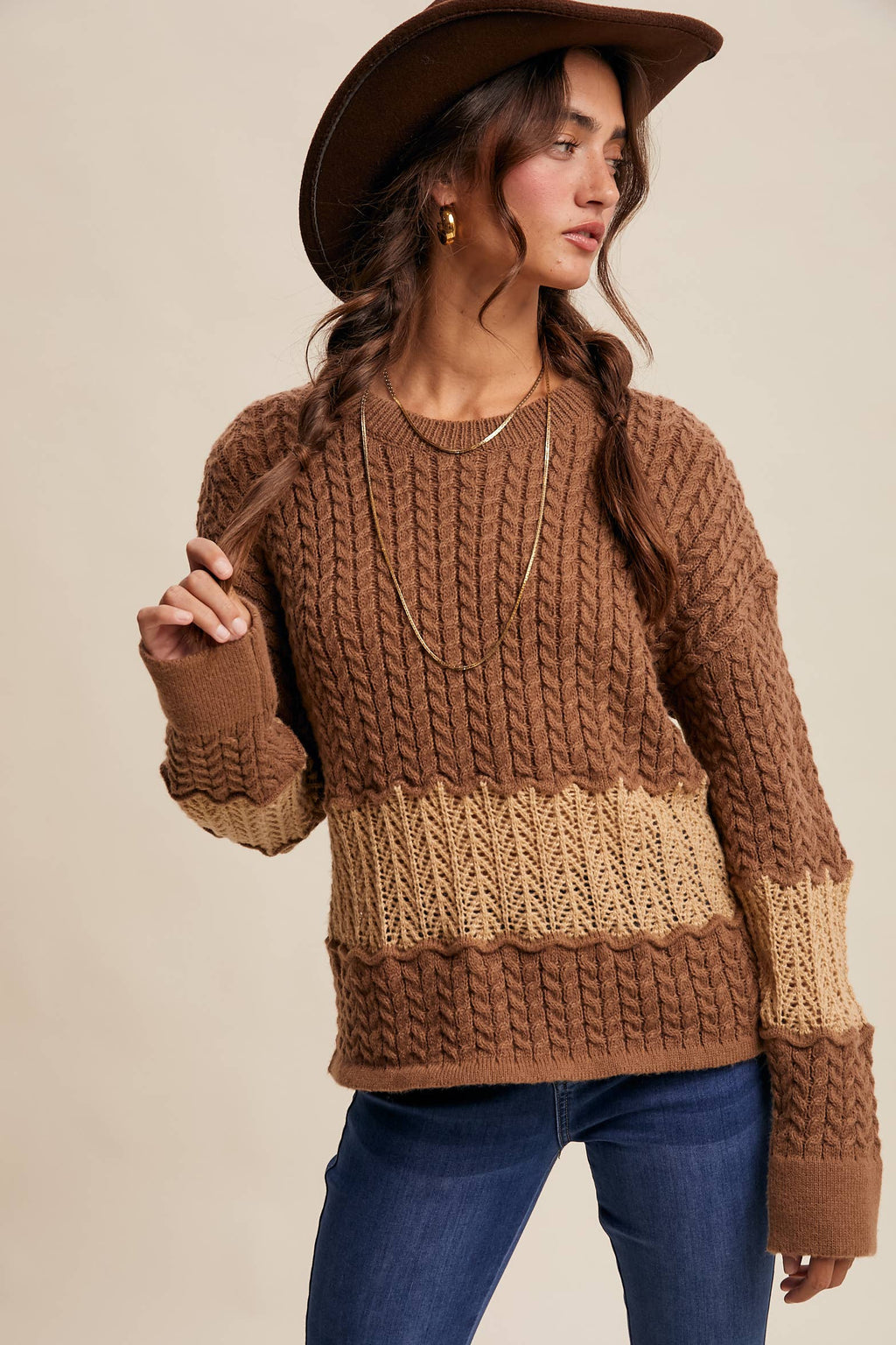 Colorblock Cable Knit Sweater