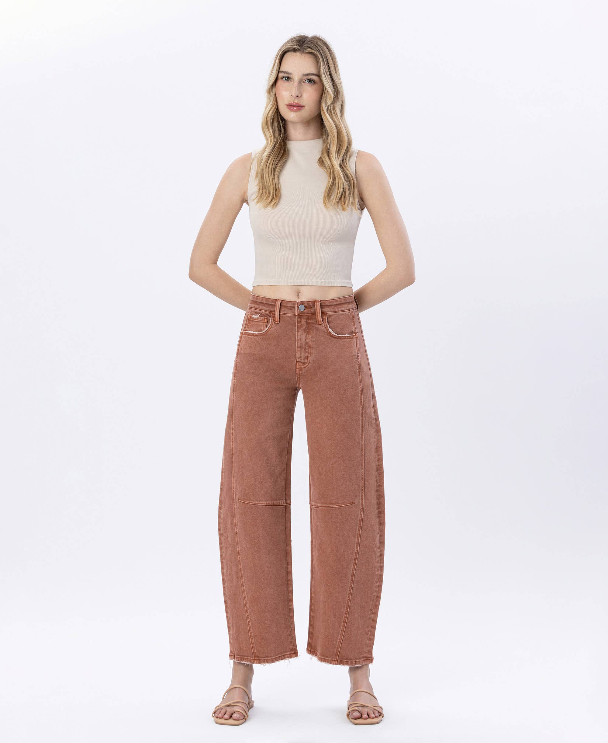 HIGH RISE COPPER COLOR TWIST BARREL JEANS