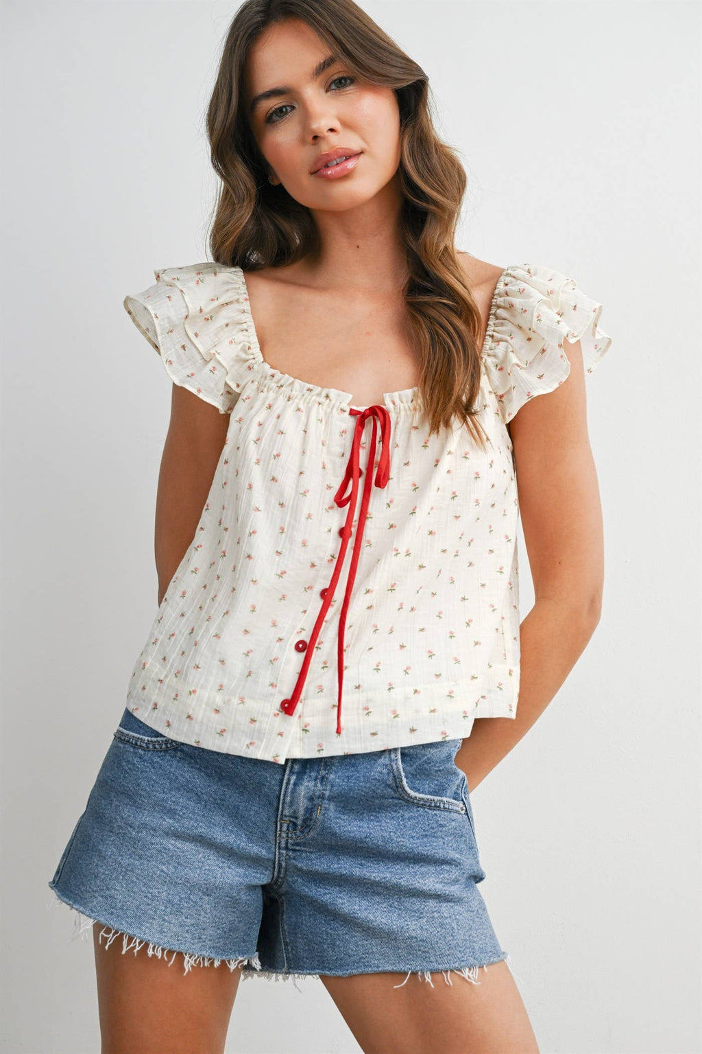 Ditsy Print Ribbon-Tie Top