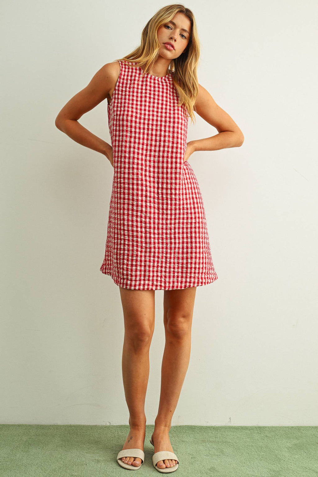 GINGHAM PATTERN OPEN BACK DETAIL DRESS