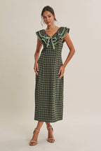 AUTUMN HARVEST RUFFLED PLAID BODY SKIMMING SLIT MIDI DRESS