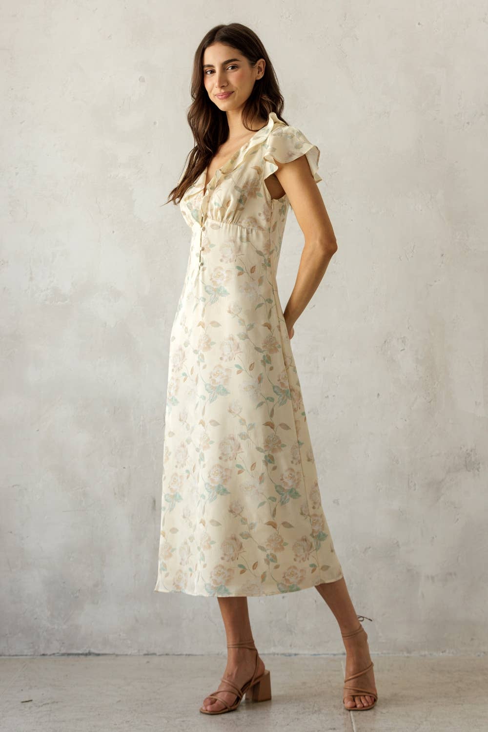 MULTI FLORAL RUFFLE MIDI DRESS
