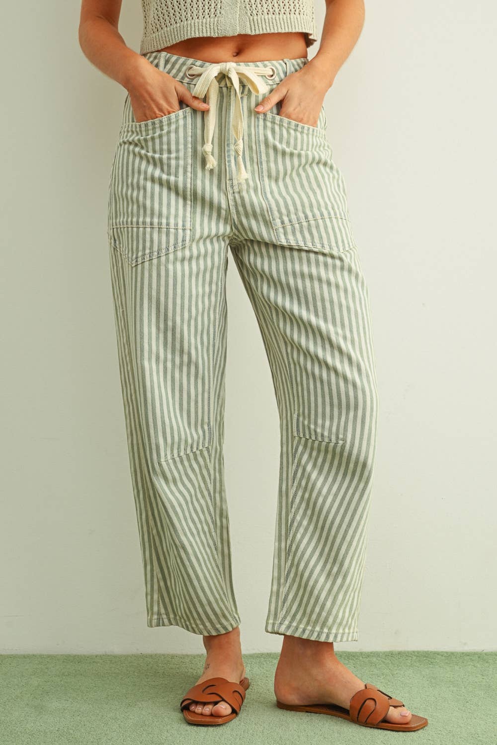 STRIPE PRINTED BARREL PANTS WITH COTTON TAPE BELT