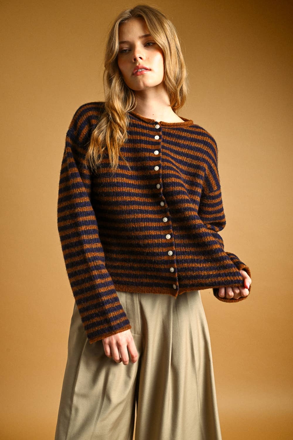 STRIPED BUTTON FRONT SWEATER CARDIGAN