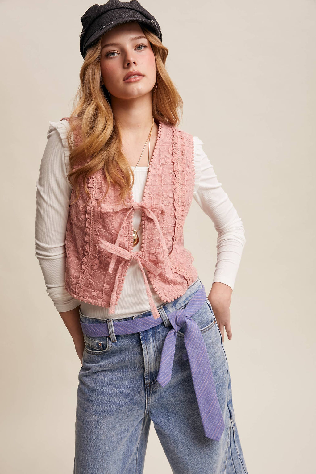 Embroidered Lace Tie-Front Vest