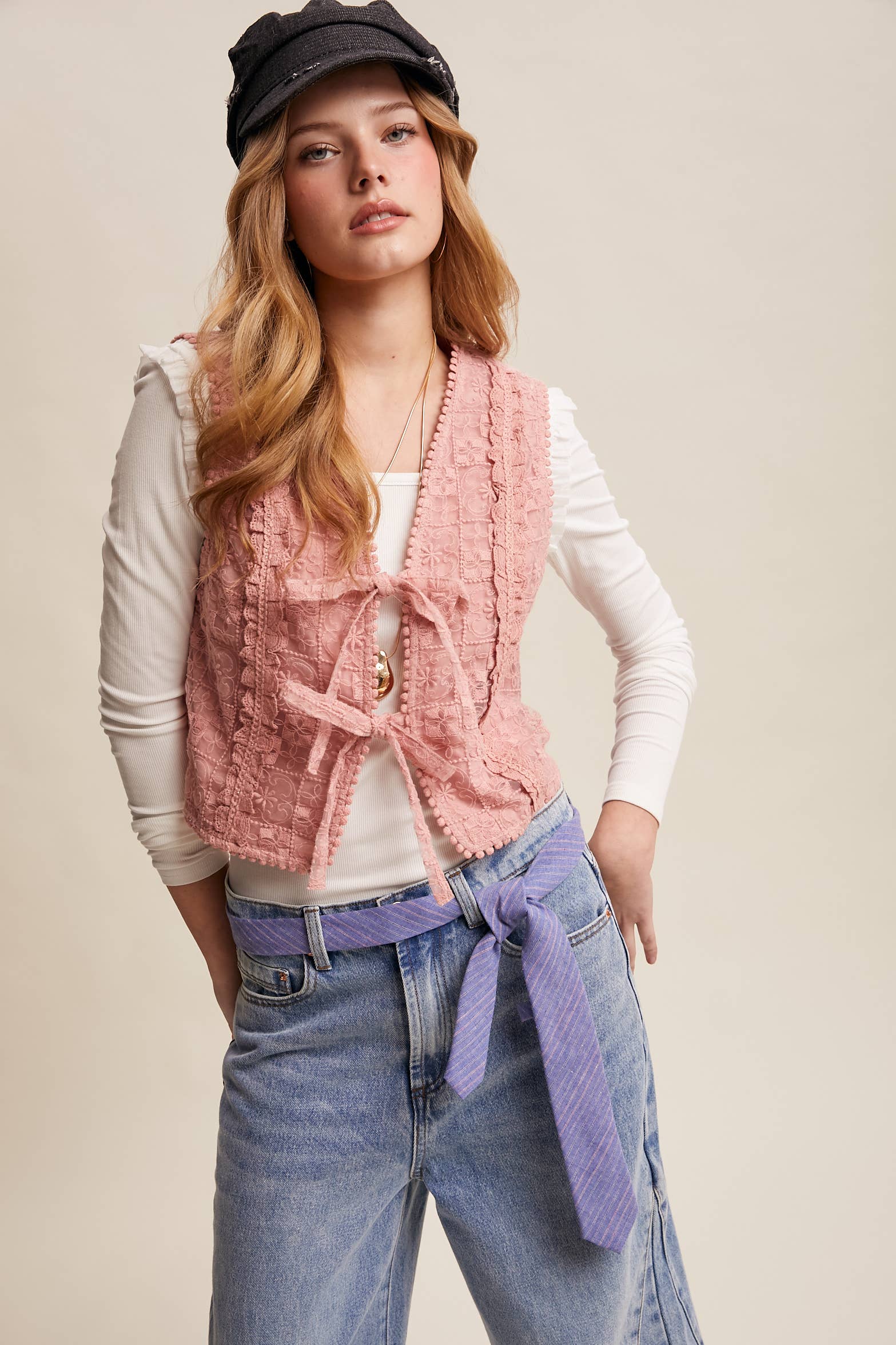 Embroidered Lace Tie-Front Vest