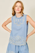 EMBROIDERED RUFFLE NECK SLEEVELESS BLOUSE