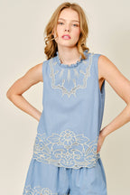 EMBROIDERED RUFFLE NECK SLEEVELESS BLOUSE