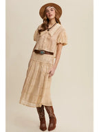 Embroidery Lace Puff Sleeve Top & Skirt Set