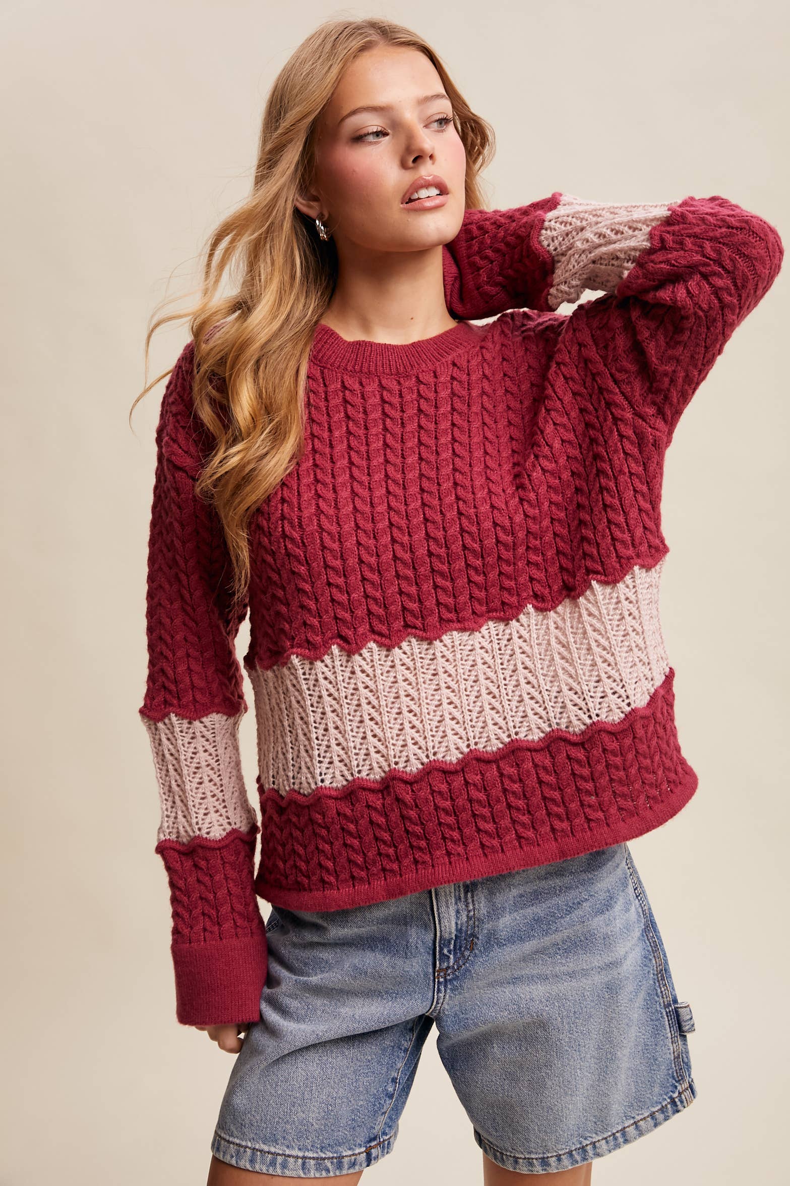 Colorblock Cable Knit Sweater