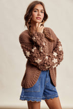 Hand Knit Floral Bobble Sleeve Cardigan