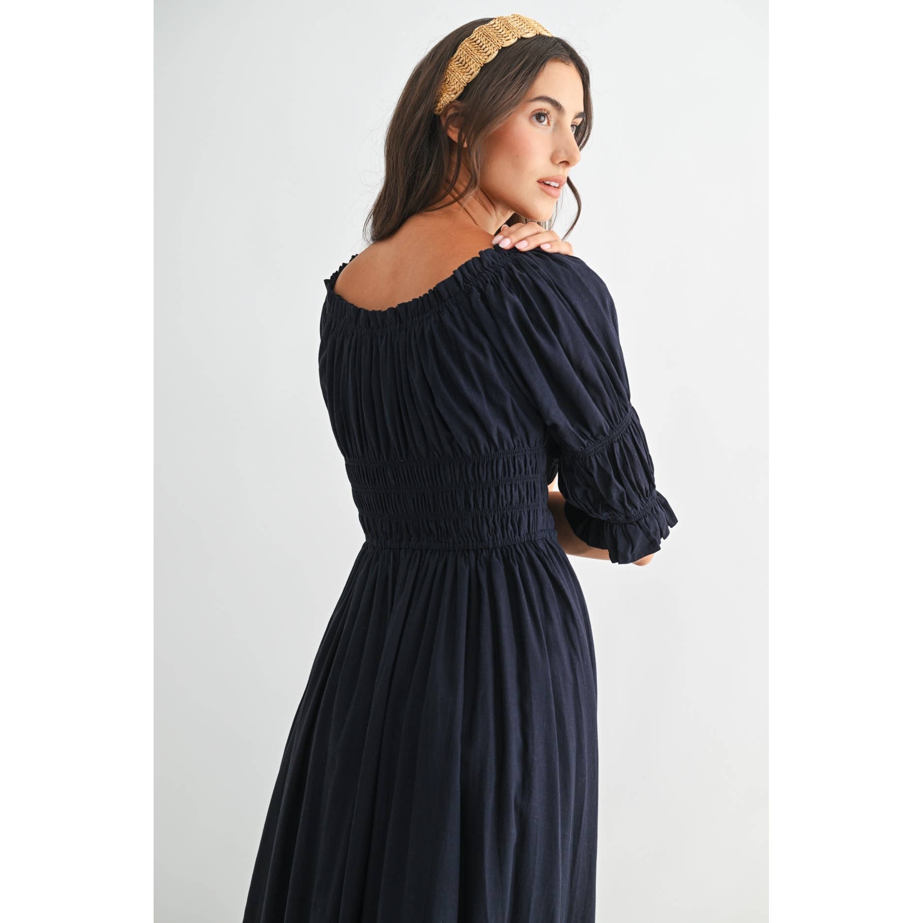 Smocked Midi Dress with Pleated Skirt