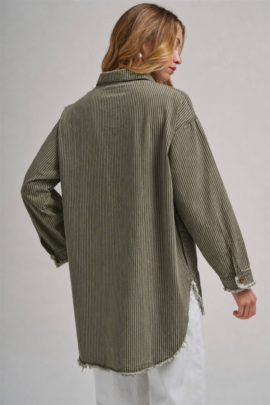 PIN STRIPE LINEN BLEND OVERSIZED SHIRT TOP